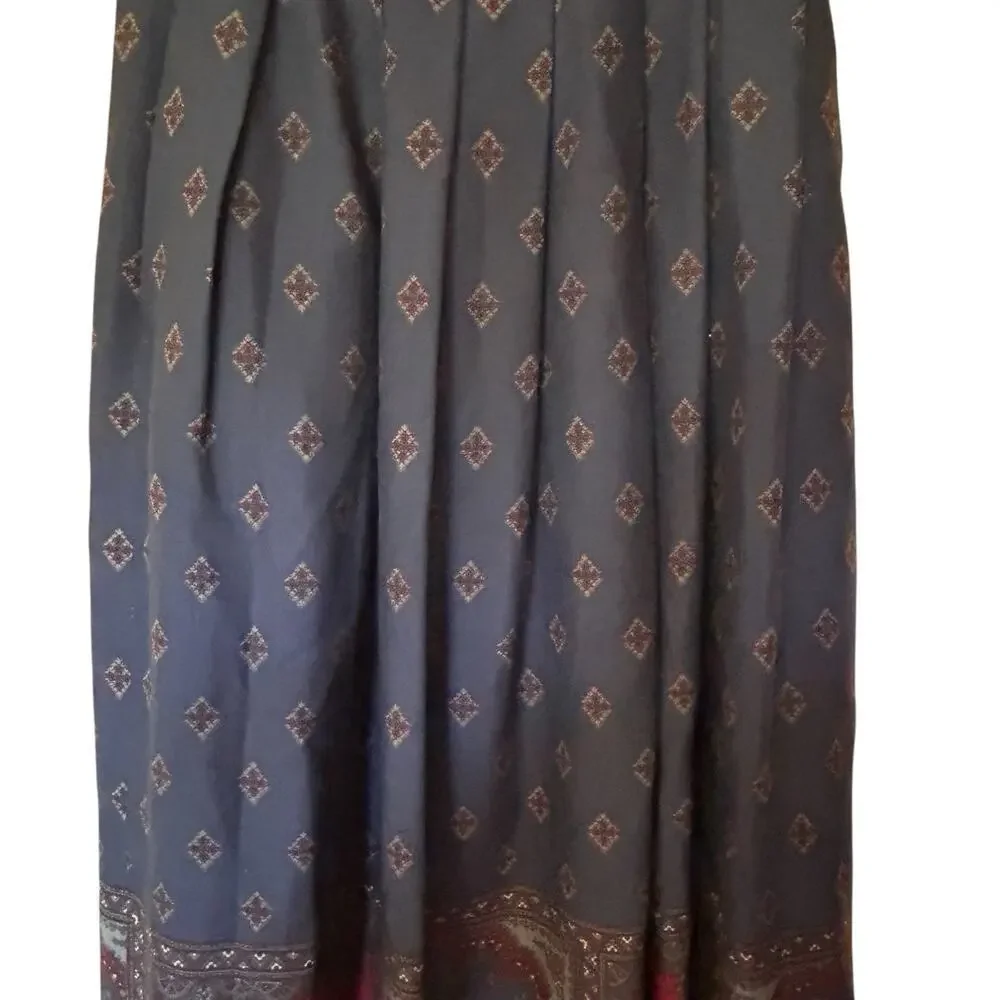 Vintage Talbots Paisley Geometric 100% Wool Navy/Burgundy Midi A-Line Skirt 10